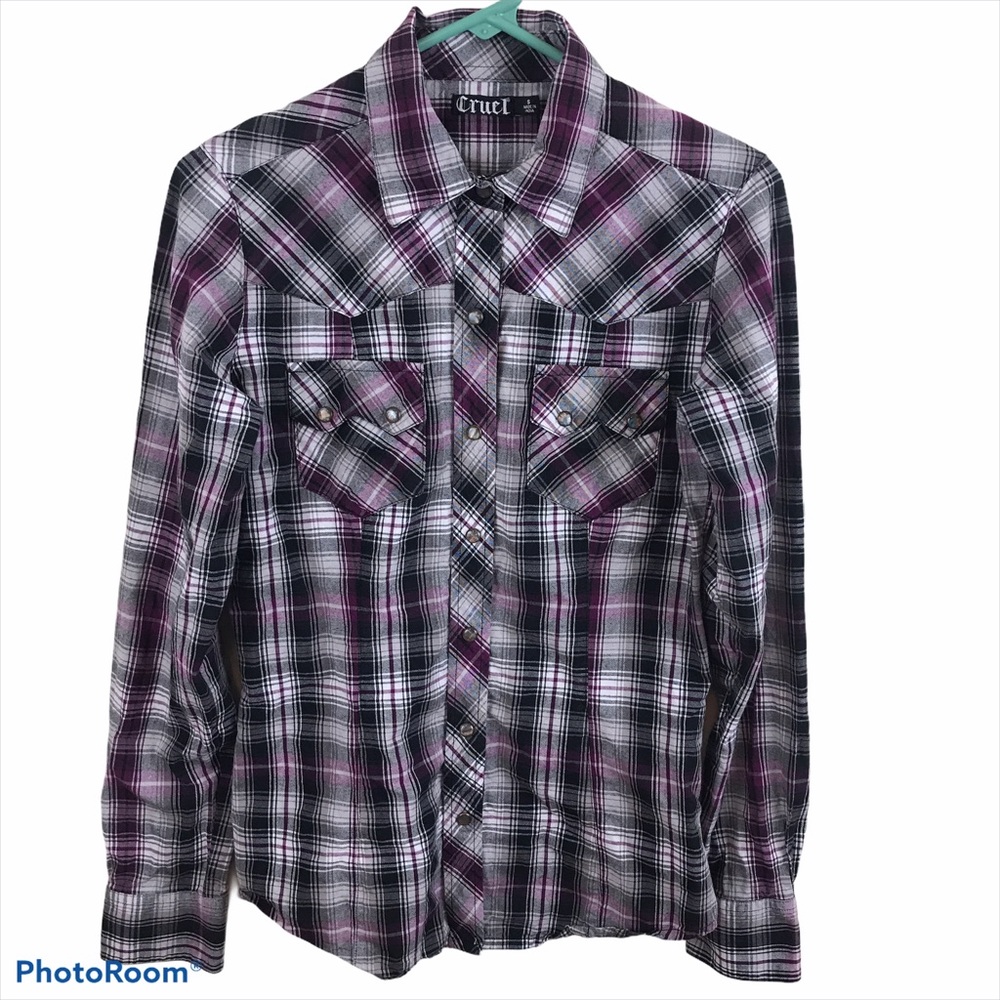 Cruel Denim Plaid Shirt Purple Small Pearl Snaps Western